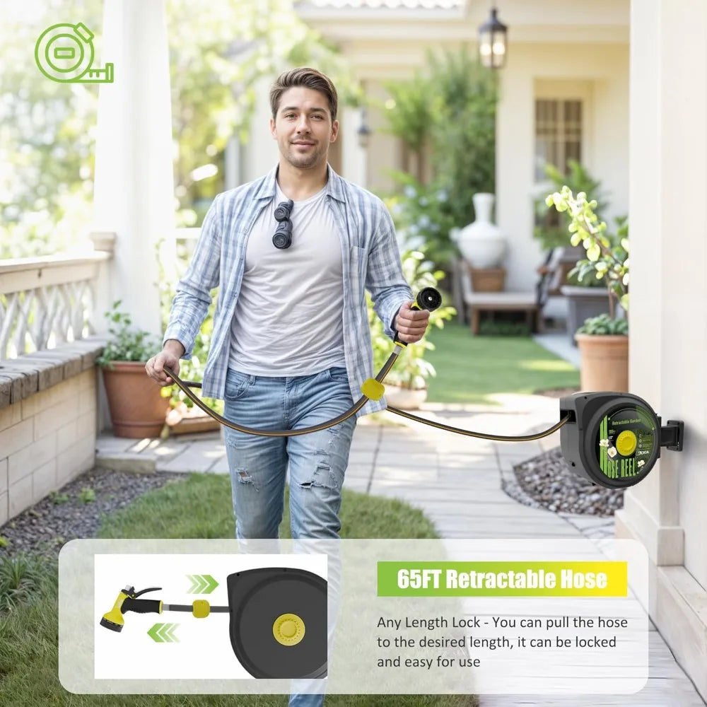 Retractable Garden Hose Reel, 65 ft x 1/2 inch Garden Hose with Auto Return System, Retractable Water Hose with 180°Swivel