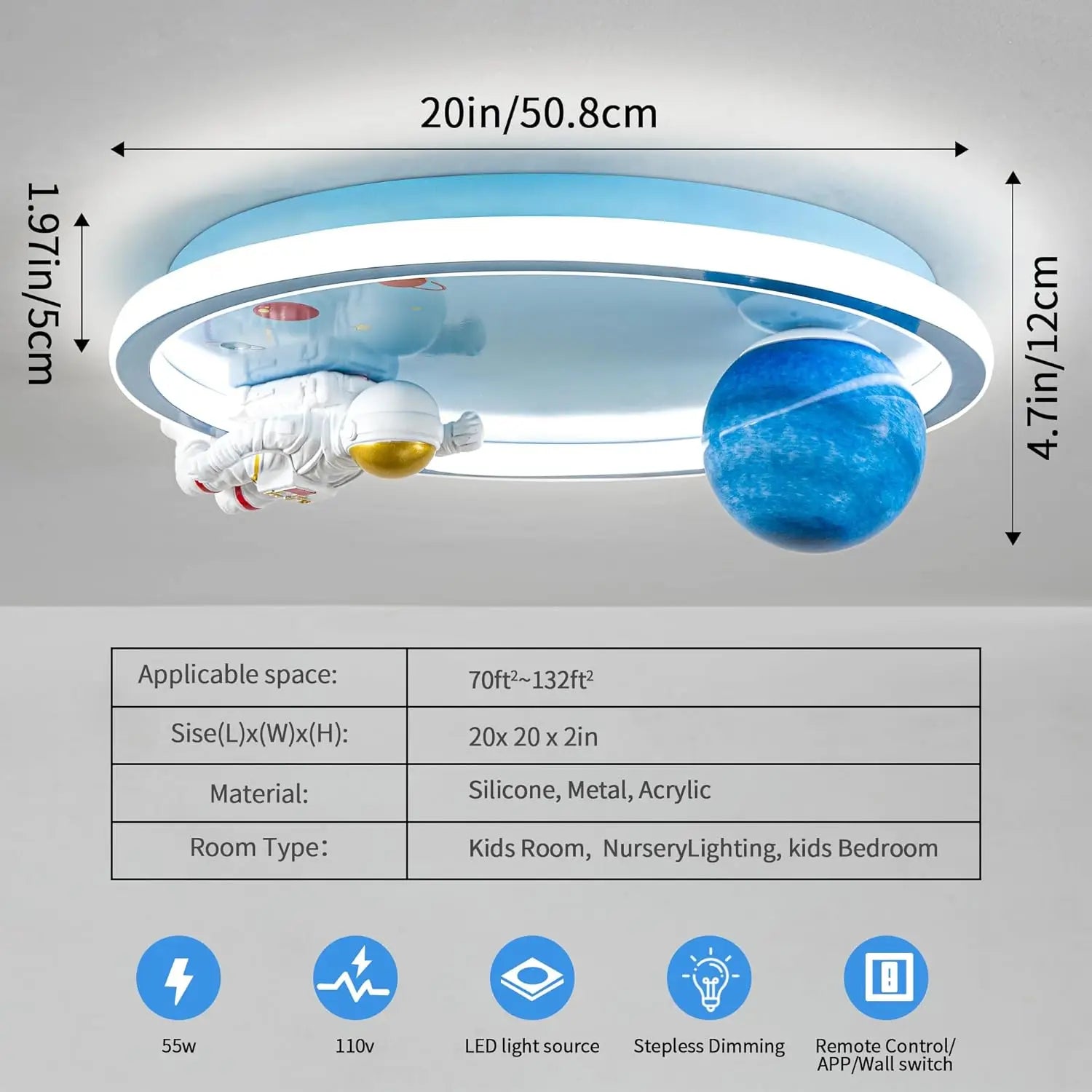 Dimmable Astronaut Ceiling Light with Remote, 20" LED Kids Bedroom Fixture for Kitchen Nursery
