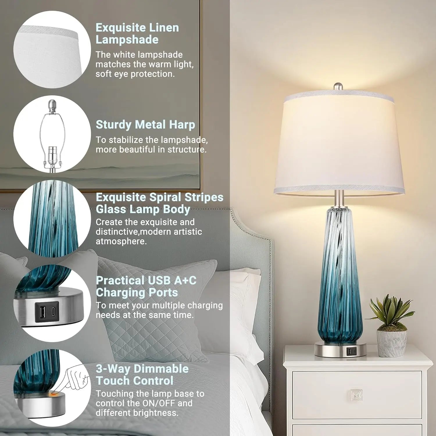 Touch Control Glass Table Lamps Set of 2 with USB Ports, Dimmable Nightstand Lamp for Bedroom Living Room Decor