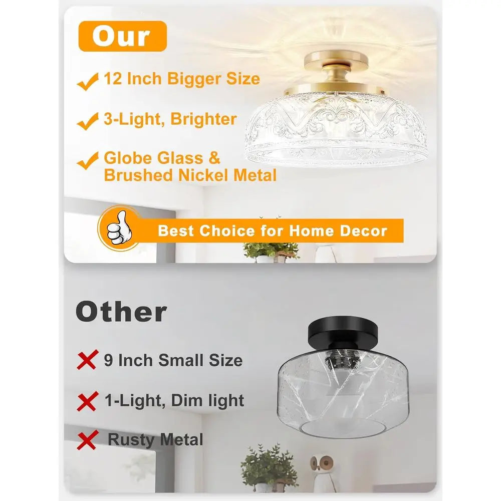 12 Inch Large Gold Ceiling Light Fixture, 3-Light Globe Glass for Kitchen, Bathroom, Hallway, Dining Room (Bulb Not Included)