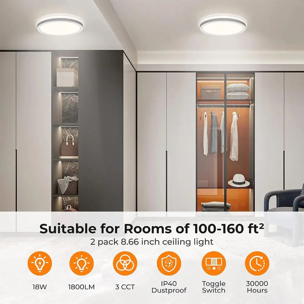 Mount Ceiling Light, 8.66 Inch 18W 3000K/4000K/5000K Hardwire Fixture, Ultra Thin Round White Lamp for Kitchen Porch Bedroom Hal