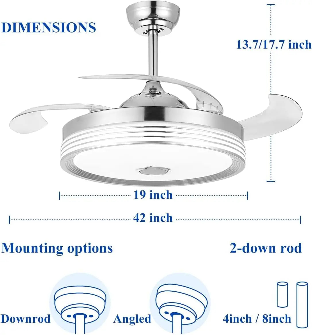 42 Inch Retractable Ceiling Fan with Lights, Remote, Bluetooth Speaker, RGB Colors for Bedroom Living Room