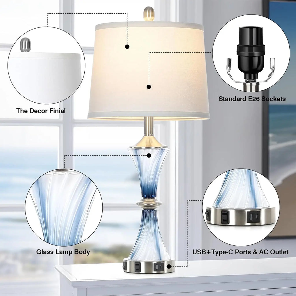 Blue Glass Table Lamp Set of 2 with USB-C & AC Outlet, Modern Bedroom Nightstand Lamp, LED Included