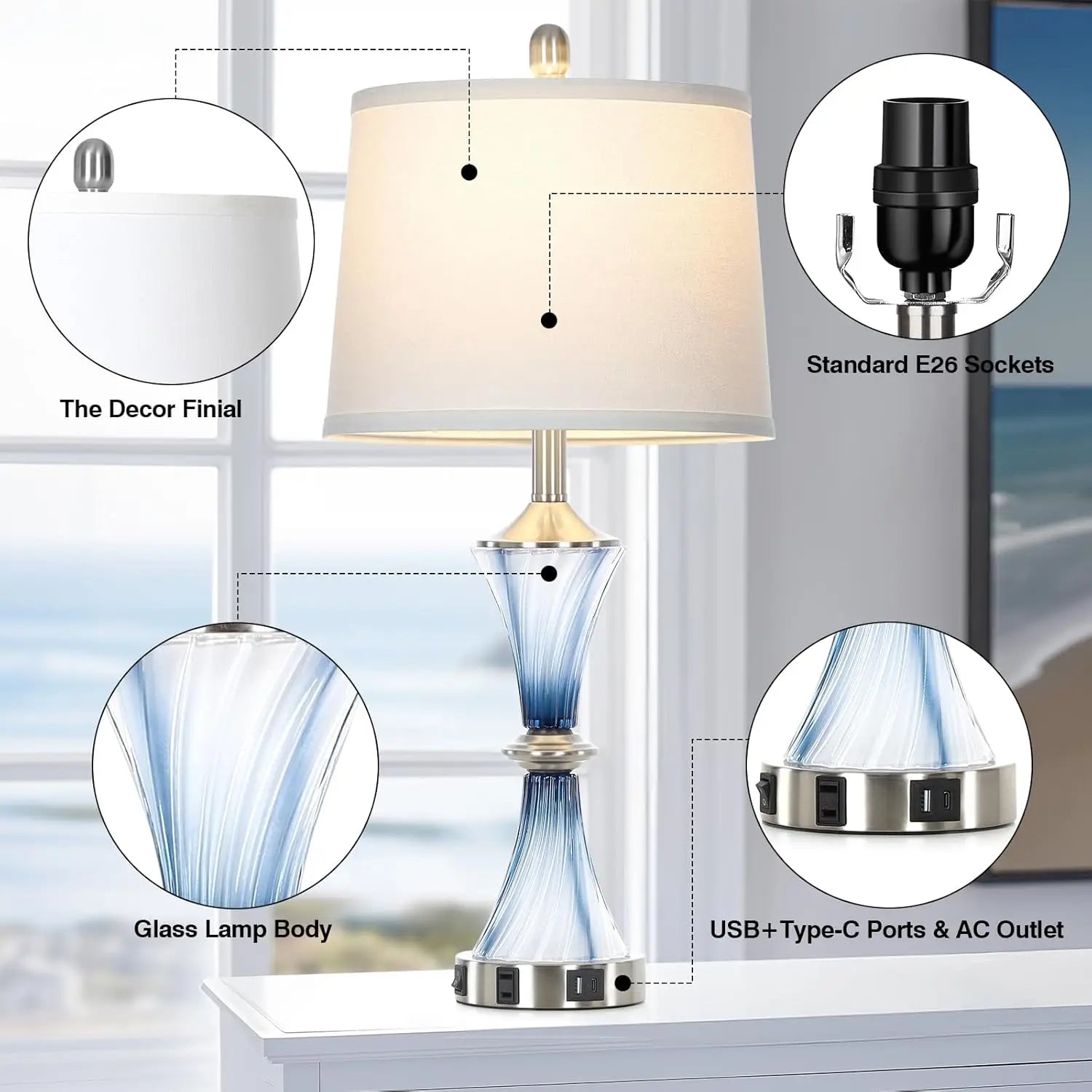 Blue Glass Table Lamp Set of 2 with USB-C & AC Outlet, Modern Bedroom Nightstand Lamp, LED Included