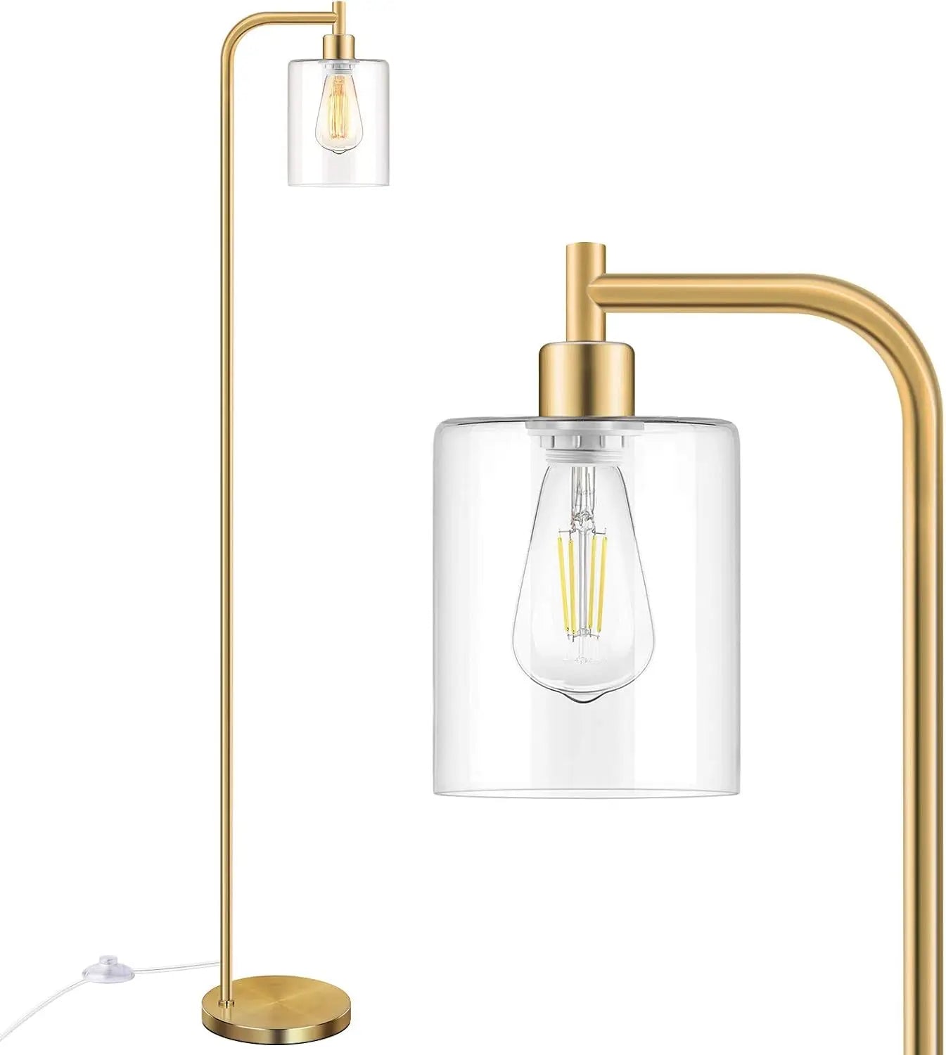 Vintage Industrial Floor Lamp with Glass Shade, Brass Gold Farmhouse Standing Light for Living Room Bedroom Office