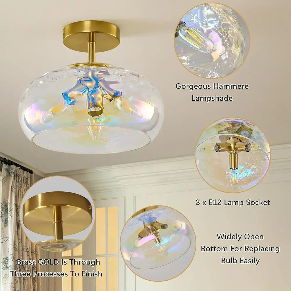 12 Inch Rainbow Hammered Glass Ceiling Light Fixtures for Hallway, Bedroom, Entryway, Kitchen