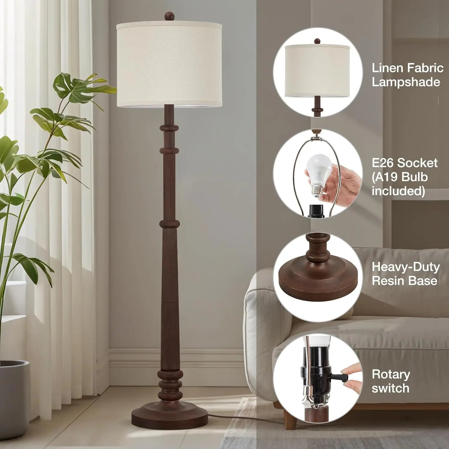 60" Adjustable Color Temperature Farmhouse Floor Lamp with Linen Shade - Vintage Style for Living Room Bedroom Office