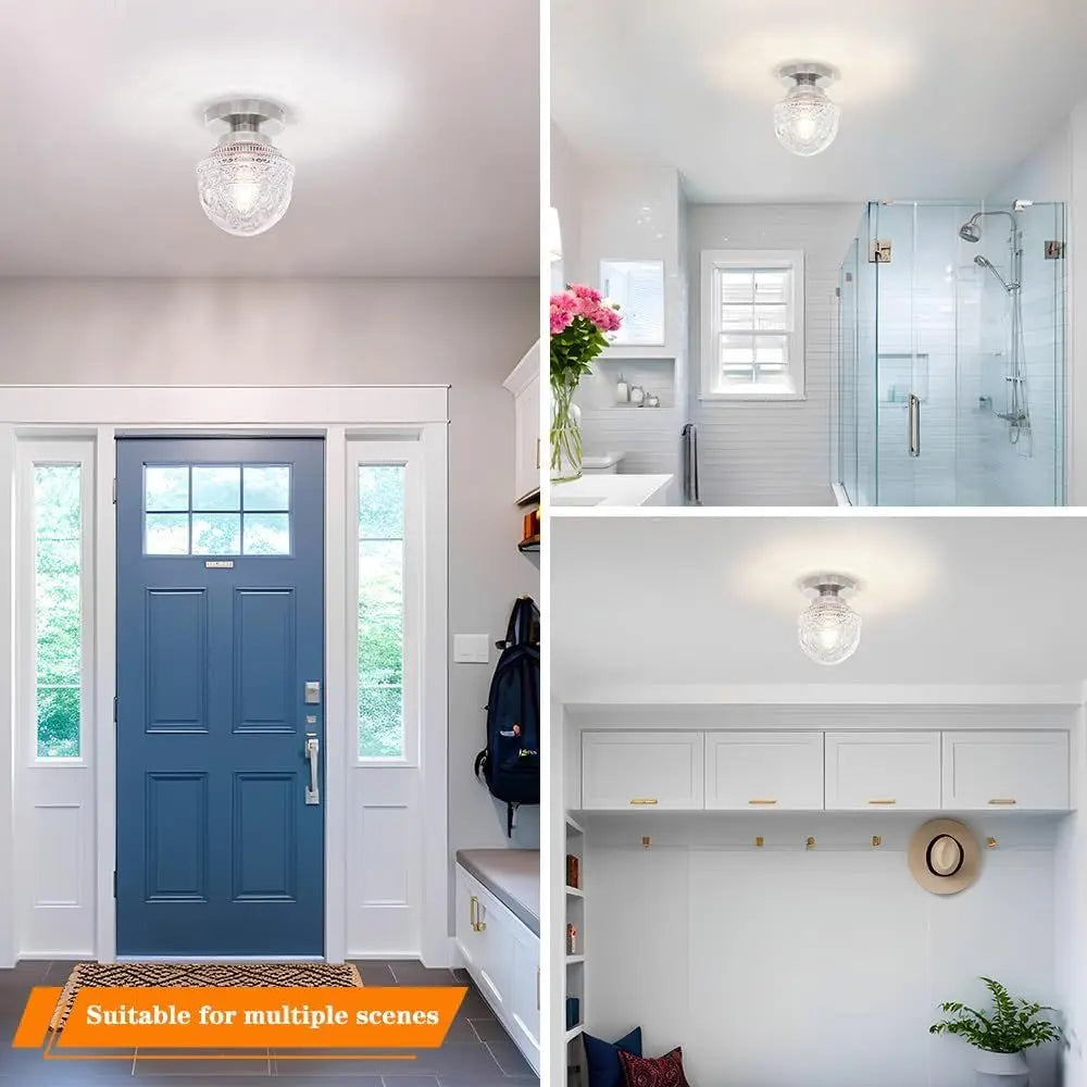Brushed Nickel Semi Flush Mount Ceiling Light, Small Blowing Clear Glass Shade Fixtures for Bedroom, Closet, Bathroom, Hallway,