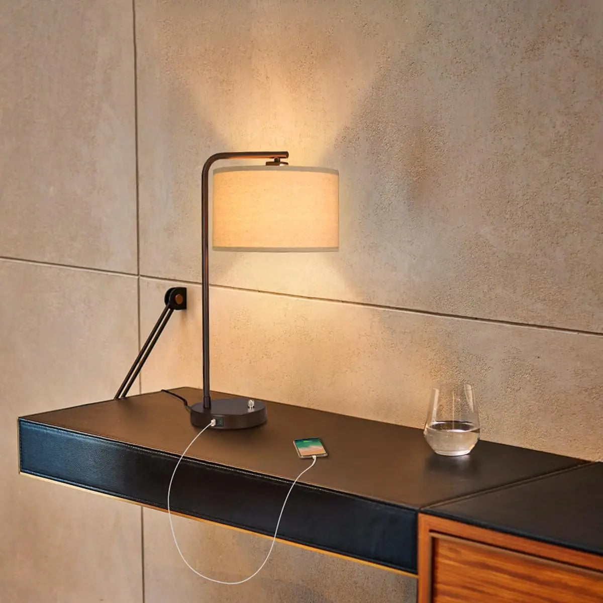 Modern USB Table Lamp with Dimmable LED, Dual Charging Ports for Bedroom and Office