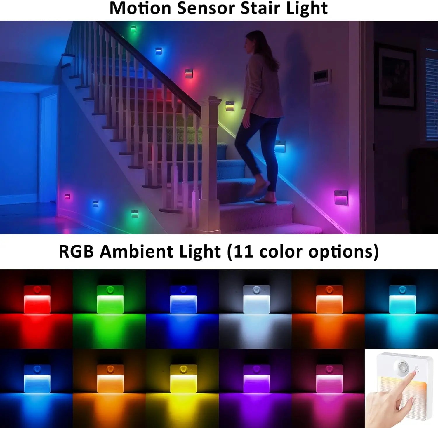 Rechargeable Motion Sensor Stair Light, RGBW Battery Operated for Indoor Use in Step, Cabinet, Hallway