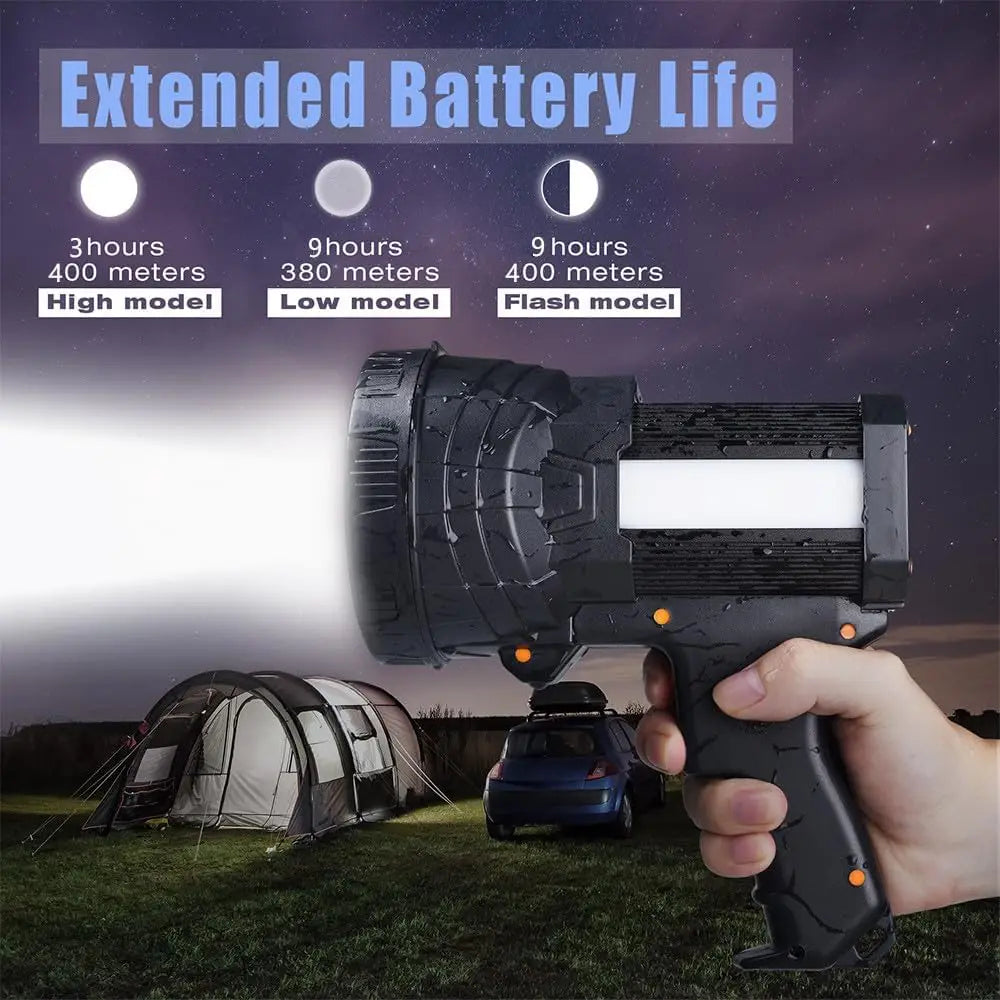 Rechargeable Super Bright LED Spotlight with Flood Light, Tripod, Long Battery Life for Camping and Outdoor Use