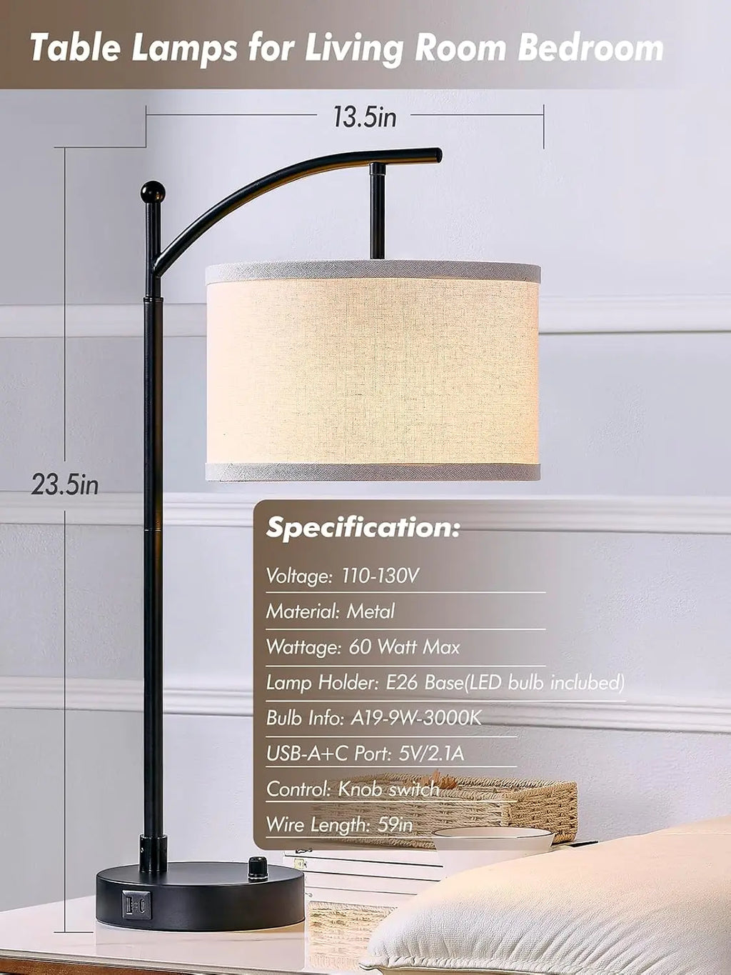 Modern Table Lamp Set of 2 with USB C+A Ports, Dimmable LED Bulbs, Linen Shade for Living Room Bedroom