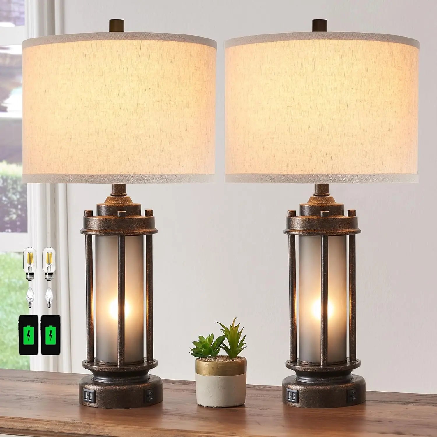Set of 2 Rustic Farmhouse Lamps with USB Ports and Night Light for Living Room or Bedroom, Includes 4 Bulbs