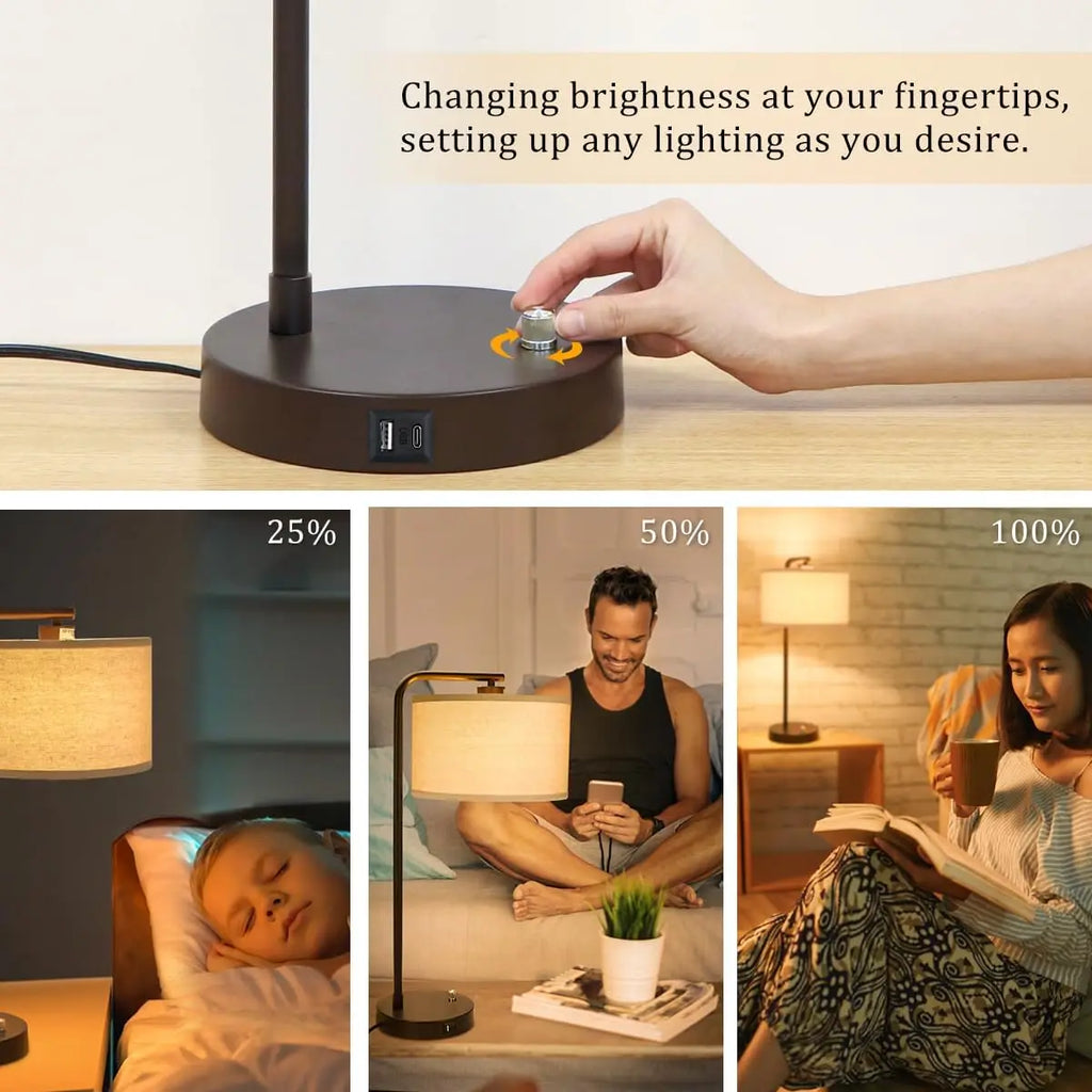 Modern USB Table Lamp with Dimmable LED, Dual Charging Ports for Bedroom and Office