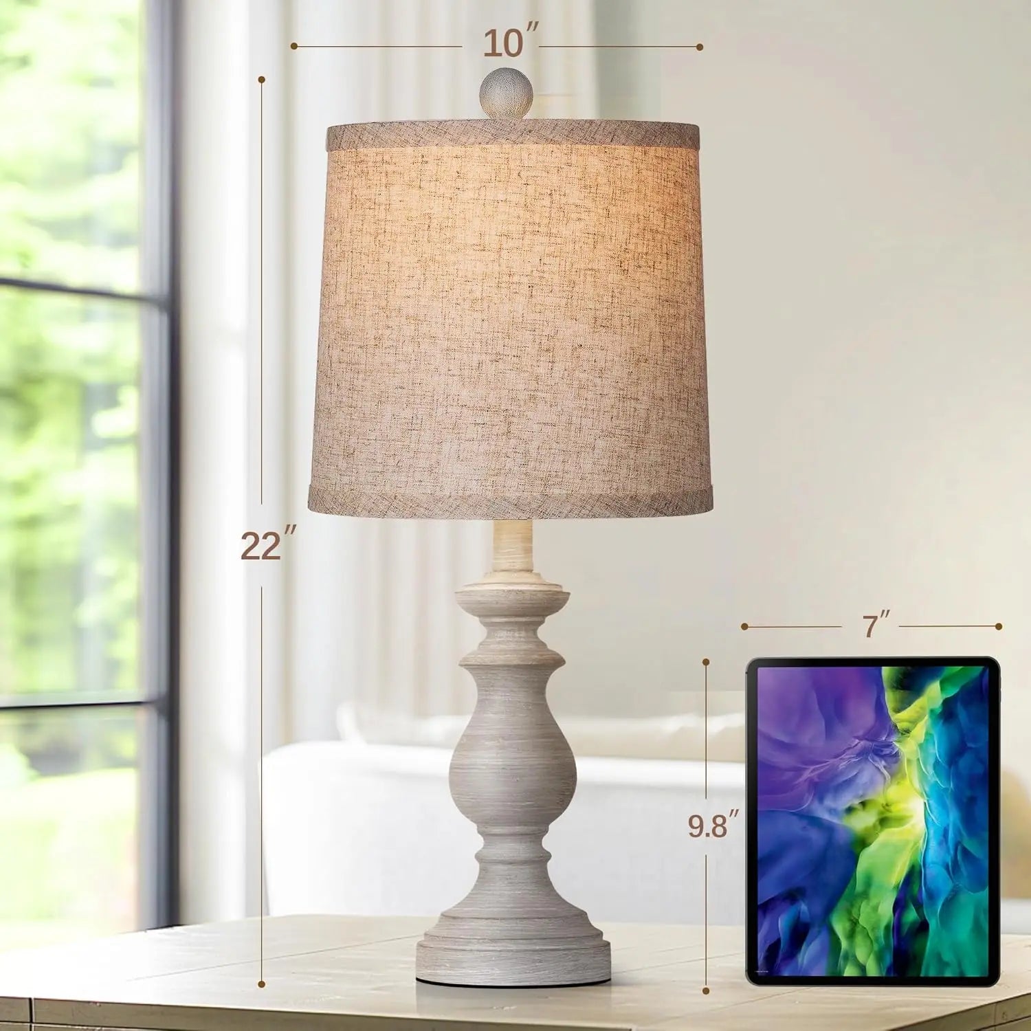 Set of 2 Rustic Farmhouse Table Lamps, Antique Grey with Linen Shades for Living Room Bedroom, 22" Vintage Nightstand Desk Lamps