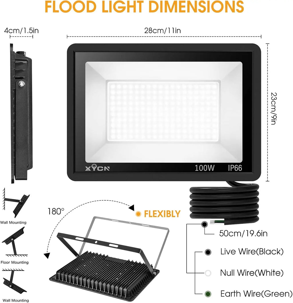 100W LED Flood Light, IP66 Waterproof Outdoor Security Lighting, 12500LM Bright for Yard Garden Court