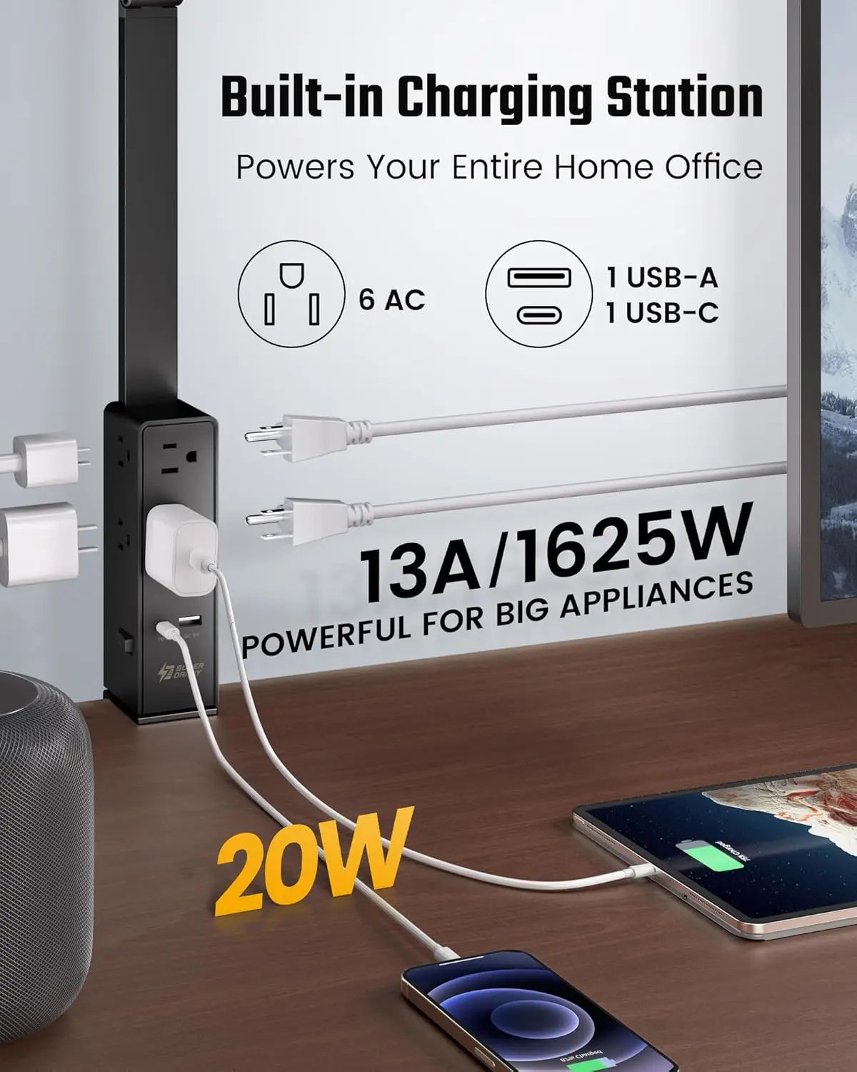 LED Desk Lamp with Power Strip, 6 Outlets & USB Ports, Adjustable Clamp Light with Dimming & Color Control