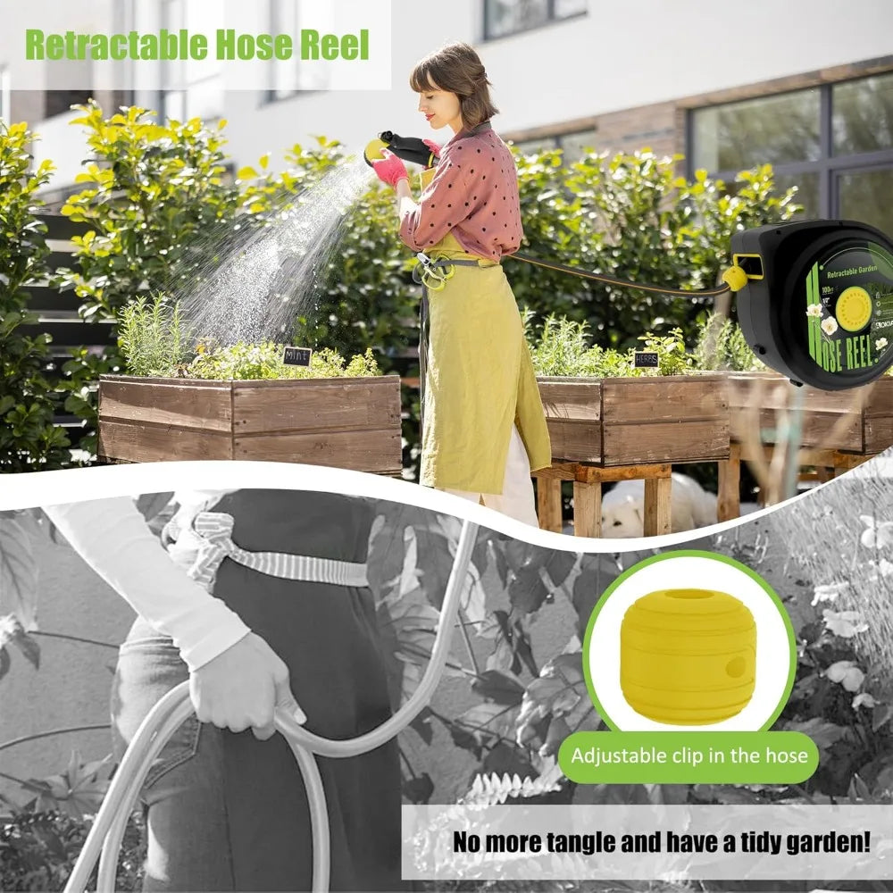 Retractable Garden Hose Reel, 65 ft x 1/2 inch Garden Hose with Auto Return System, Retractable Water Hose with 180°Swivel