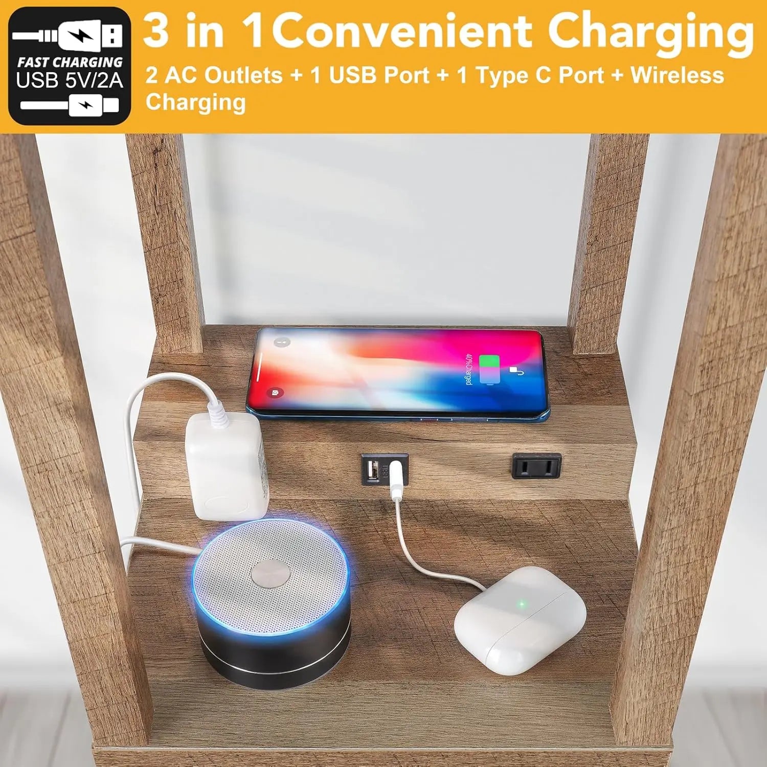Modern 3-Tier Shelf Floor Lamp with Wireless Charging, USB Ports & Power Outlets for Bedroom