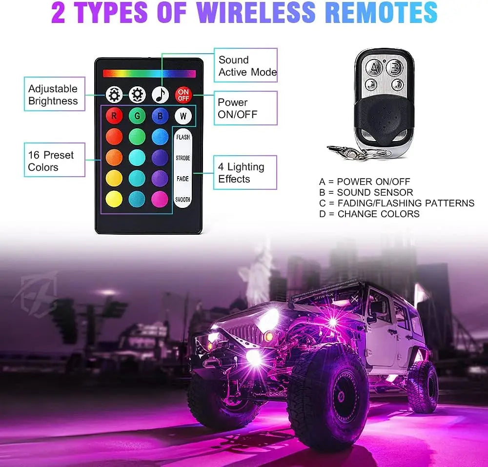 10-Pod RGB LED Rock Lights Kit with Bluetooth, Wireless Remote for Off-Road Vehicles