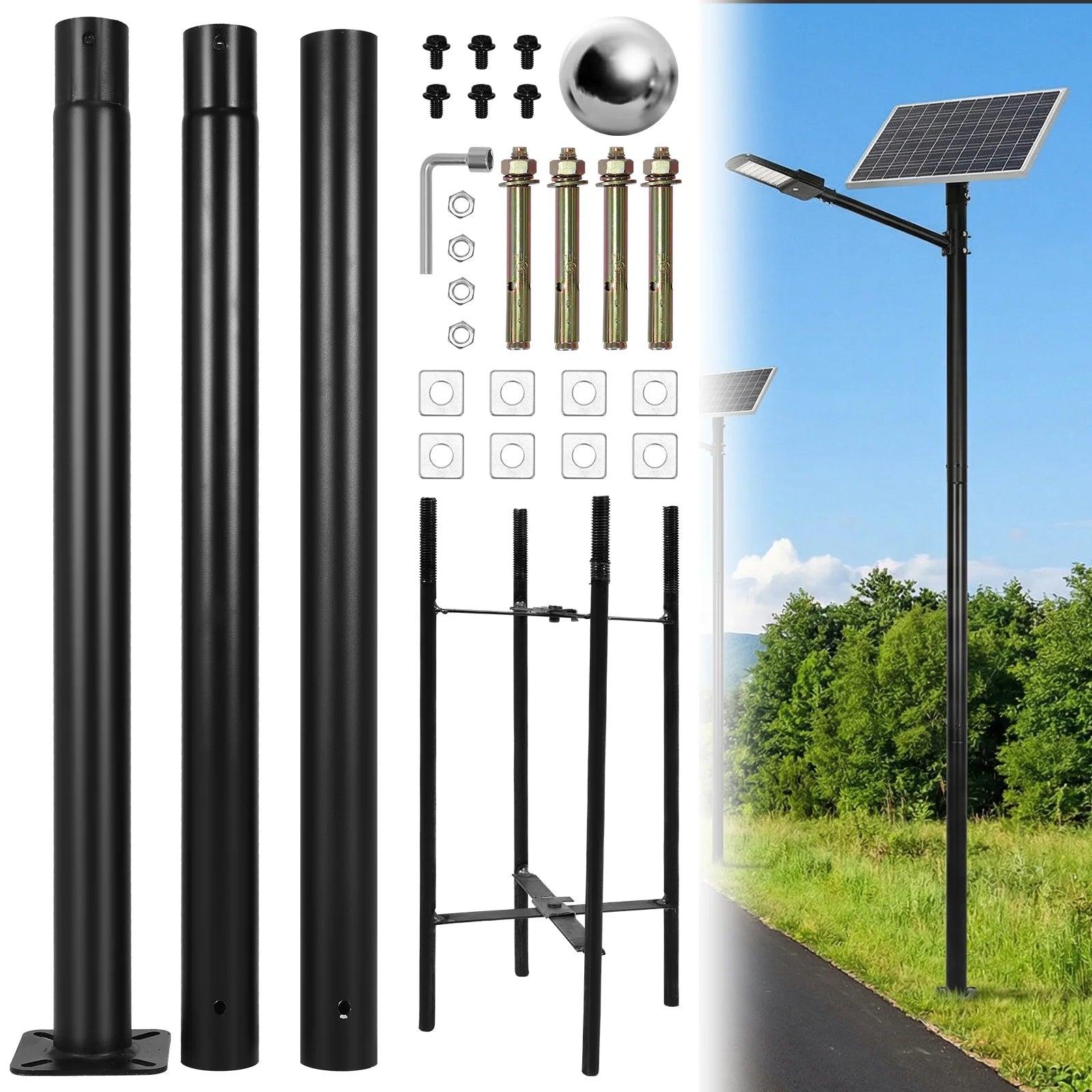 10Ft Tall Splicing Lights Column with Rebar Cage Base 3-Meter Straight Road Pole Weather-Resistant for Street/Parking Lots/Park