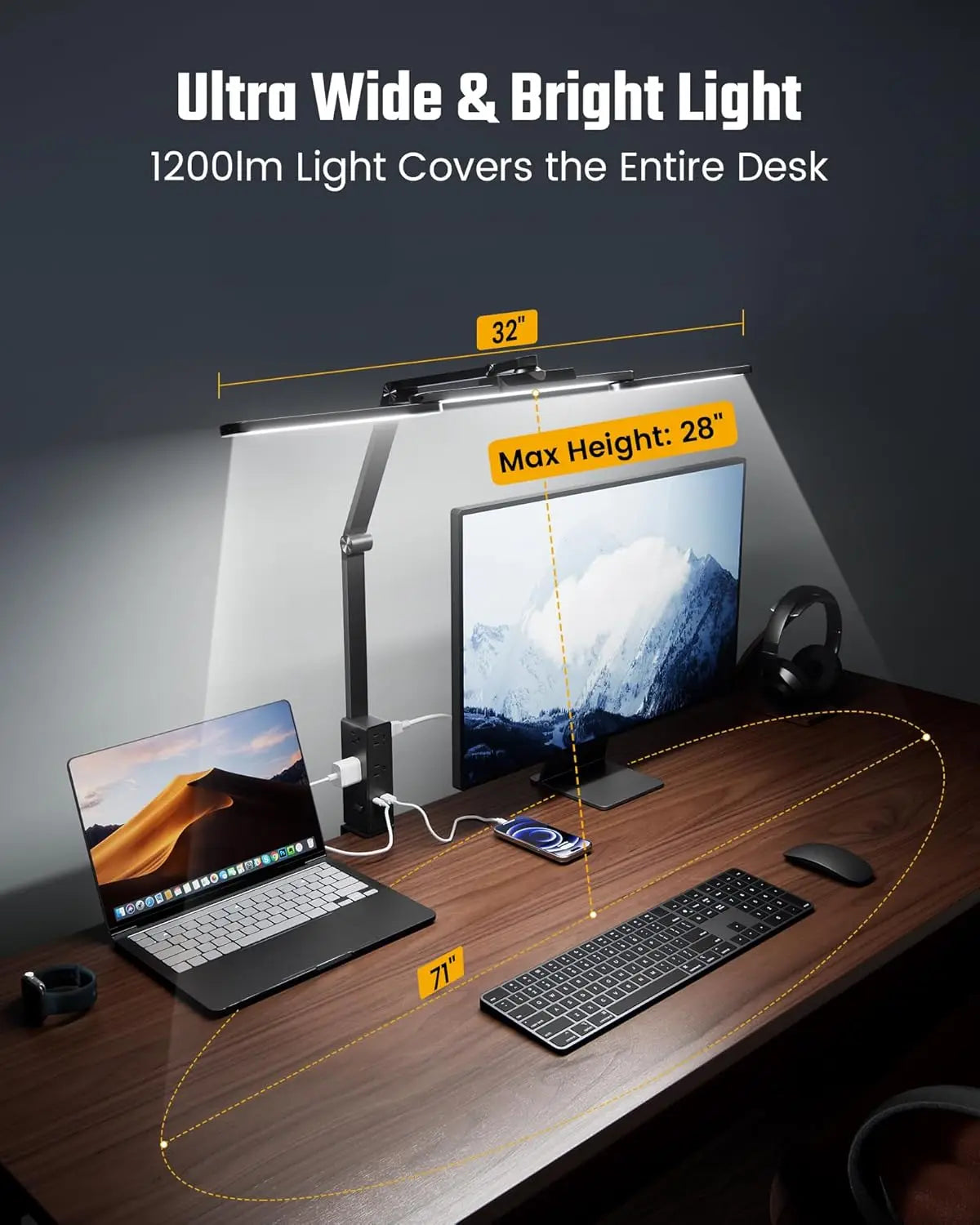 LED Desk Lamp with Power Strip, 6 Outlets & USB Ports, Adjustable Clamp Light with Dimming & Color Control