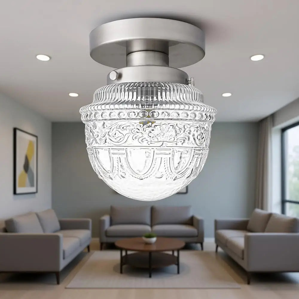 Brushed Nickel Semi Flush Mount Ceiling Light, Small Blowing Clear Glass Shade Fixtures for Bedroom, Closet, Bathroom, Hallway,
