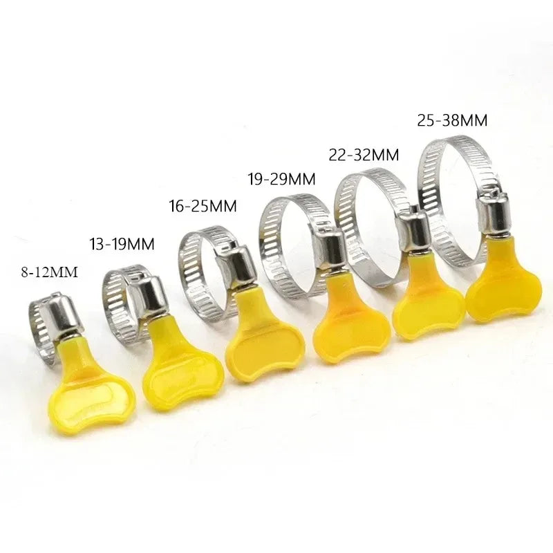 5 pcs 8-44mm Adjustable Yellow Plastic Handle Hand Twist Hose Clamps Worm Driving Stainless steel Pipe Clips For Tube