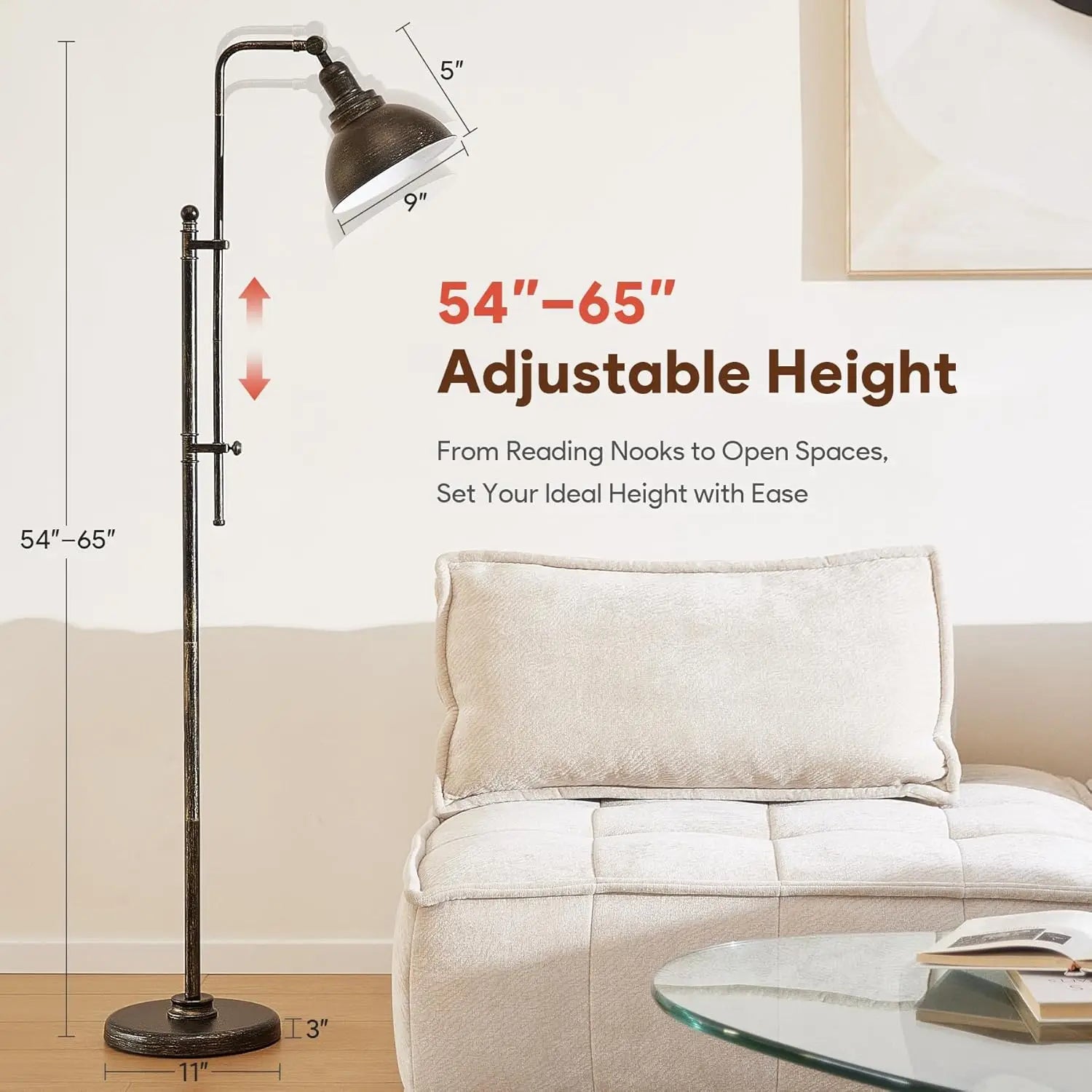 65'' Adjustable Vintage Industrial Floor Lamp for Living Room, Bedroom & Office, ETL Certified