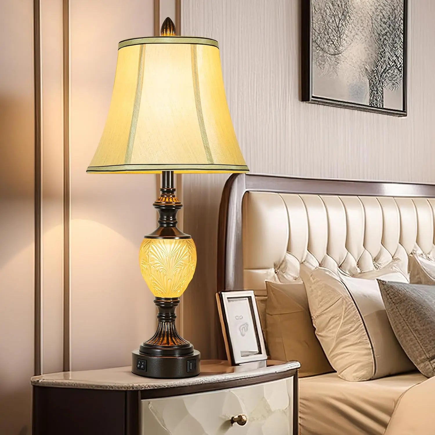 27' Vintage Table Lamp Set of 2 for Living Room, Farmhouse Bedside Lamp with Fabric Shades, Boho Nightstand Lamp with USB and