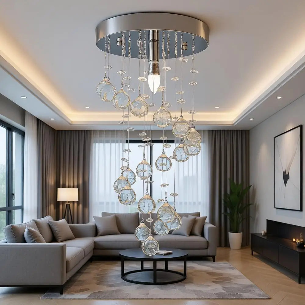 Elegant Spiral Lush Mount Raindrop Crystal Ball Pendant Ceiling Lamp Lighting Fixtures for Bedroom Hallway Living Room D8 x H15.