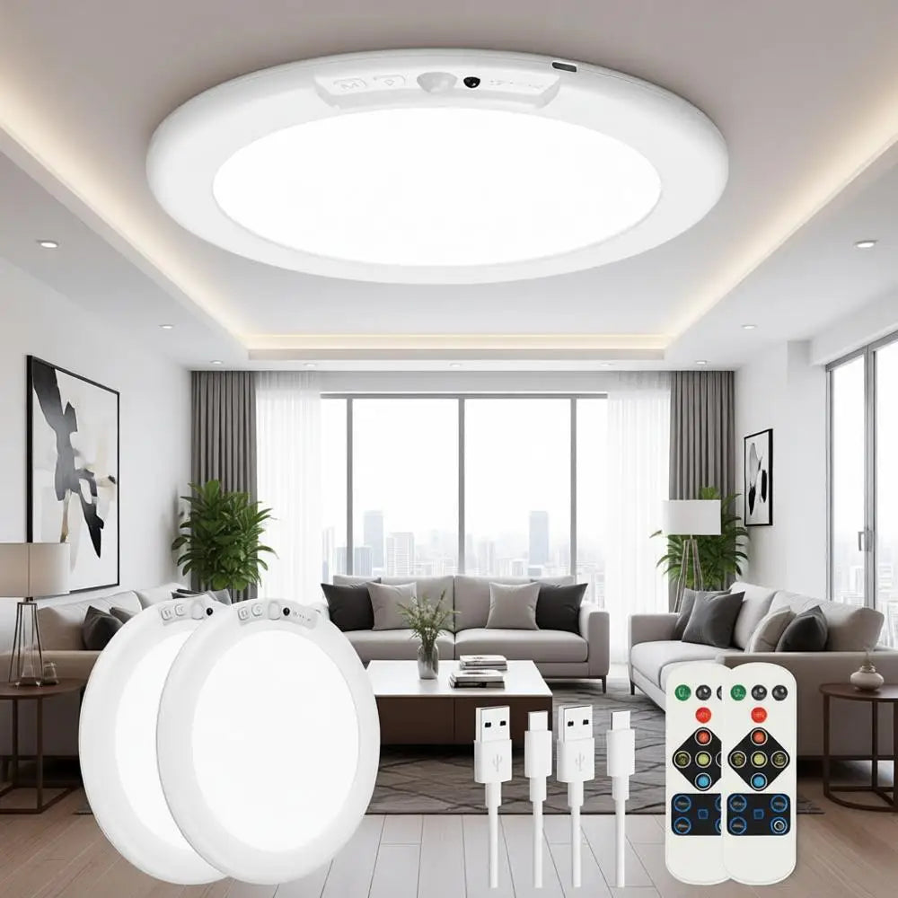 2 Pack Rechargeable Motion Sensor Ceiling Lights, Battery Operated Closet Lights with Remote, 500LM 3000K/4500K/6500K, 0.55 Ultr