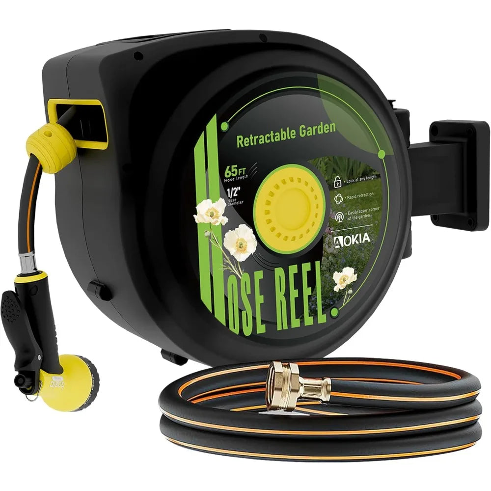 Retractable Garden Hose Reel, 65 ft x 1/2 inch Garden Hose with Auto Return System, Retractable Water Hose with 180°Swivel