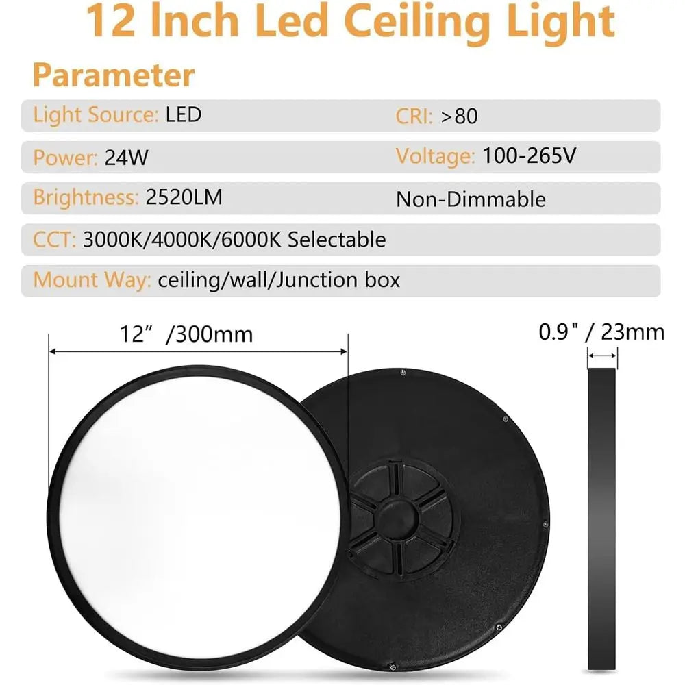 12 Inch LED Ceiling Light, 24W, 2520LM, 3000K/4000K/6000K CCT Selectable, Slim Profile Fixture for Hallway, Bedroom, Kitchen