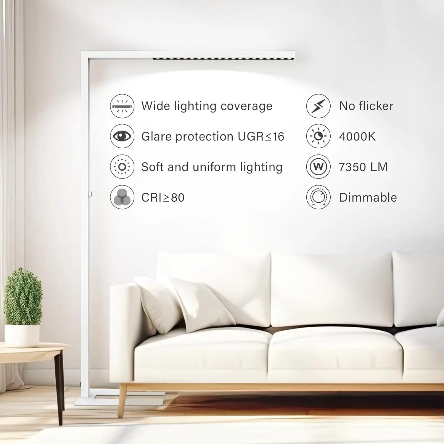77" Dimmable LED Floor Lamp, 7350LM Eye-Care Standing Light for Office and Living Room - White
