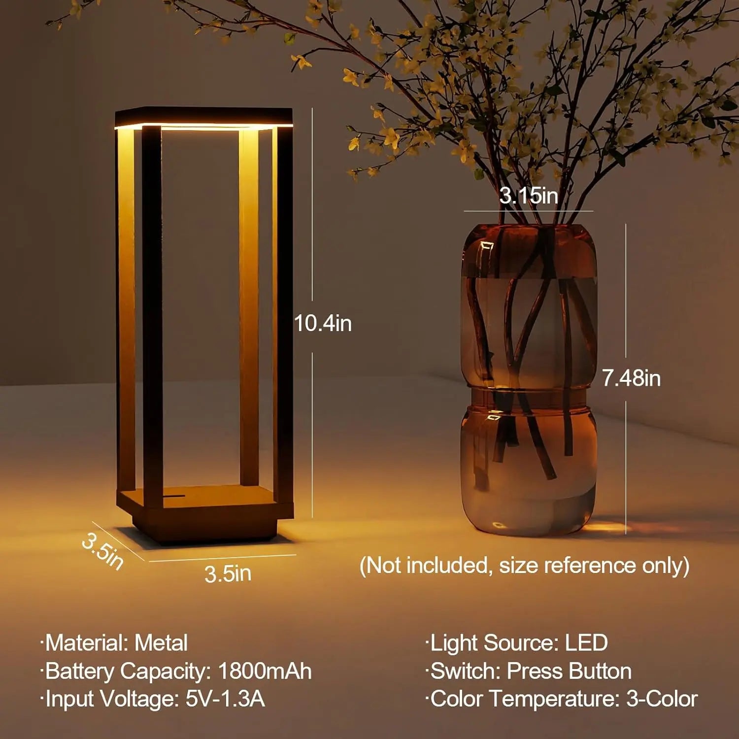 Rechargeable Cordless Table Lamp, IP55 Waterproof, 60h Runtime, 3 Color Stepless Dimming for Indoor/Outdoor Use