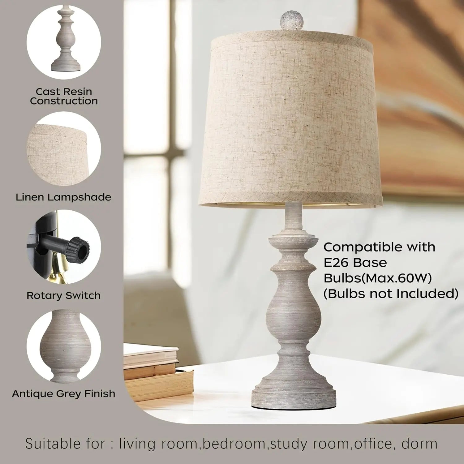 Set of 2 Rustic Farmhouse Table Lamps, Antique Grey with Linen Shades for Living Room Bedroom, 22" Vintage Nightstand Desk Lamps