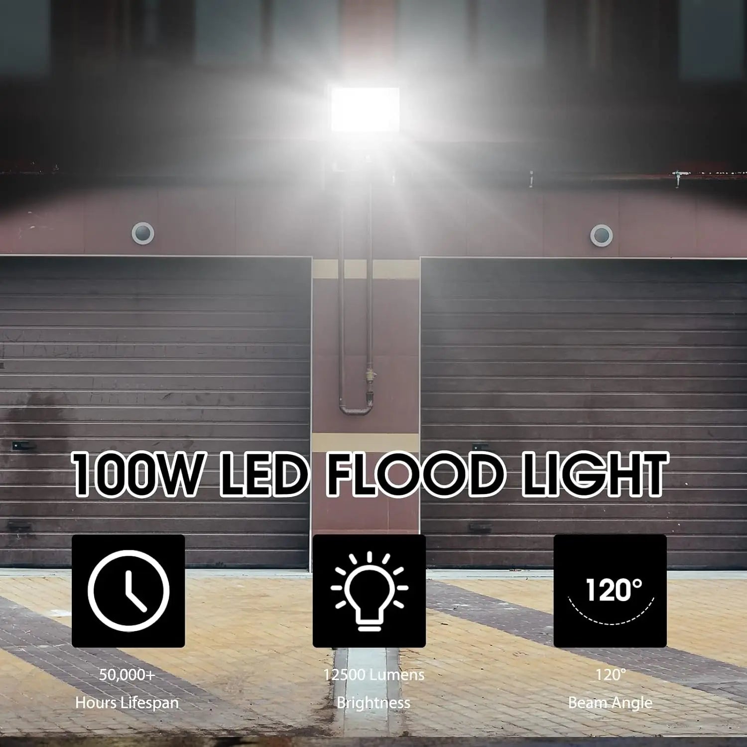 100W LED Flood Light, IP66 Waterproof Outdoor Security Lighting, 12500LM Bright for Yard Garden Court