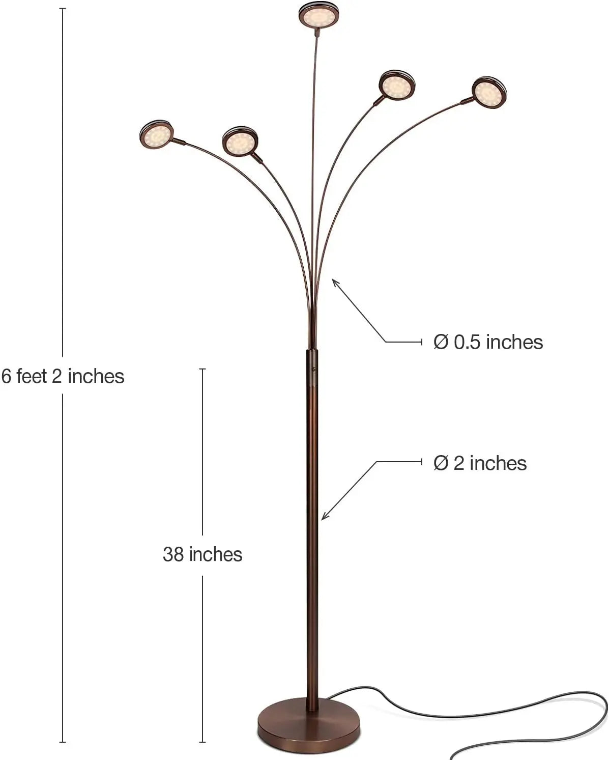 5-Arm Adjustable Arc Floor Lamp with Rotating LED Lights for Living Room and Bedroom - Bronze