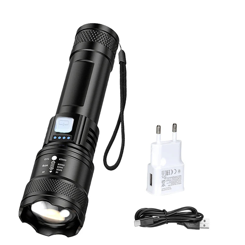 High Strong Power Led Flashlights 2000LM Tactical USB Charging Camping Emergency Fishing Zoom Lantern Torch with Display Light