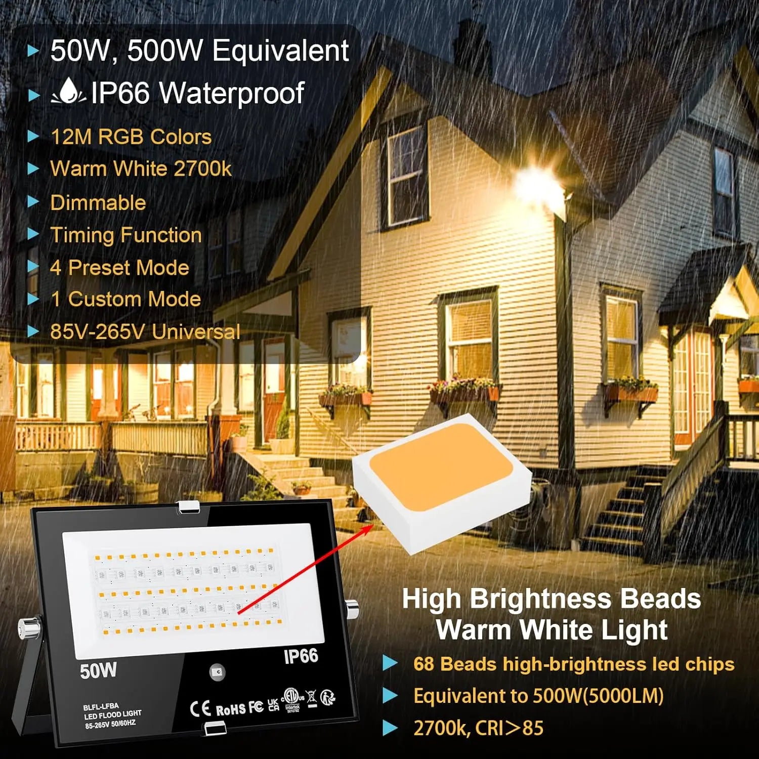 500W Equivalent RGB LED Flood Light, 24H Timer, 120 Colors, IP66 Waterproof Indoor Outdoor Lighting