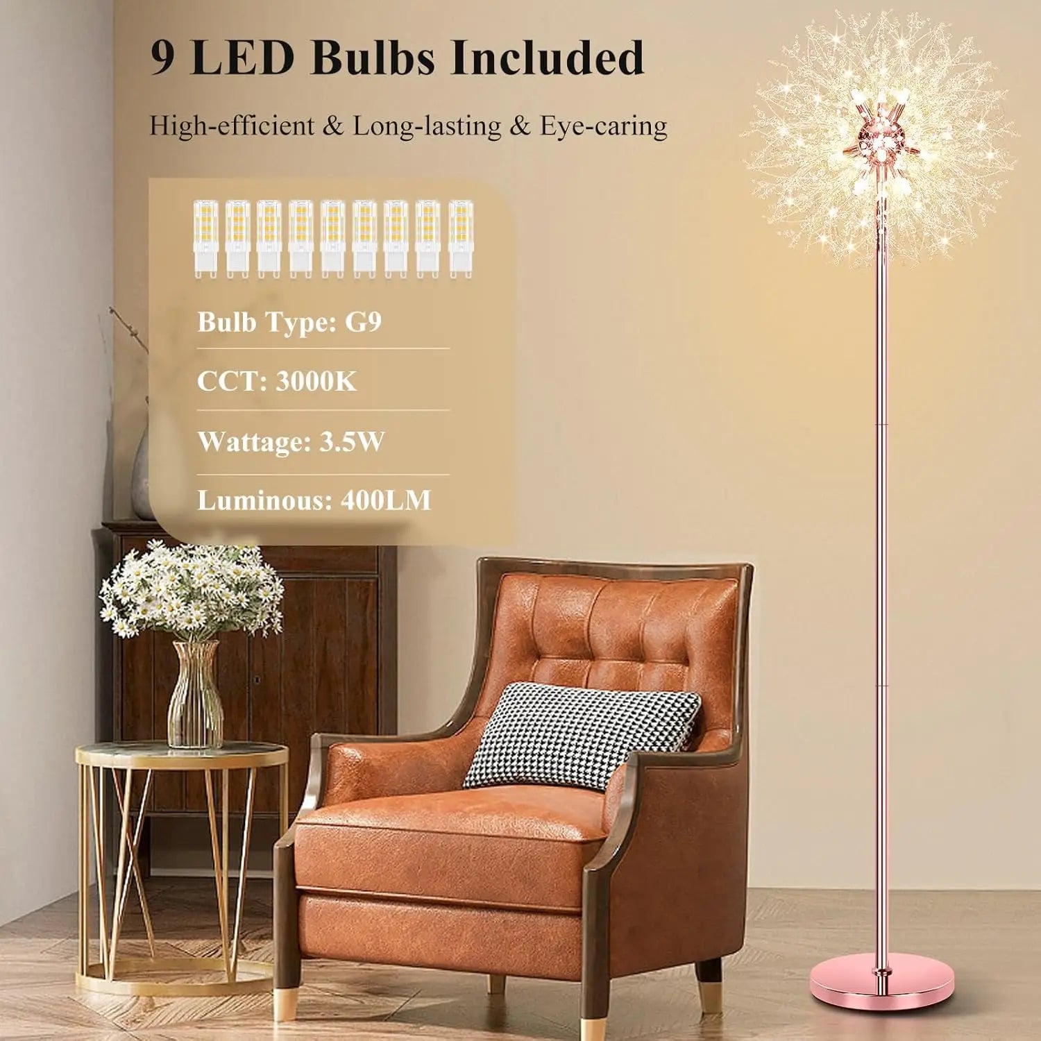 69'' Crystal Floor Lamp with 738 K9 Crystals, Modern Standing Light for Living Room, Rose Gold Finish, 9 LED Bulbs