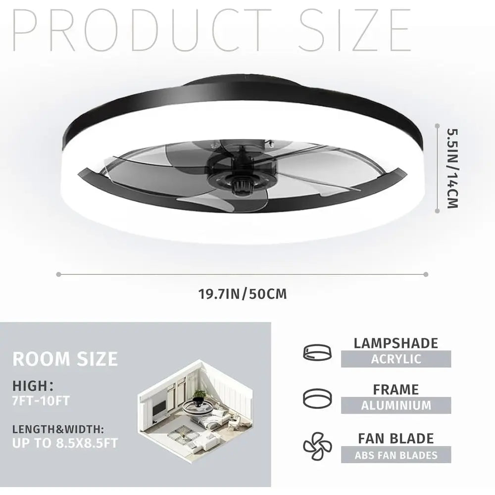 19.7 inch Low Profile Ceiling Fan with Lights and Remote, Dimmable Ceiling Fan for Bedroom, Dining Room and Kitchen (Black, 1 Pa