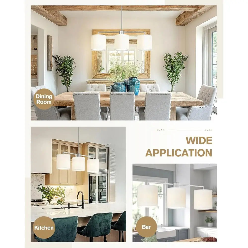 3-Light Dining Room Light ixture, Brushed Nickel Kitchen Island Lighting with Linen Drum Shade, ern Linear Chliers or Dining Roo
