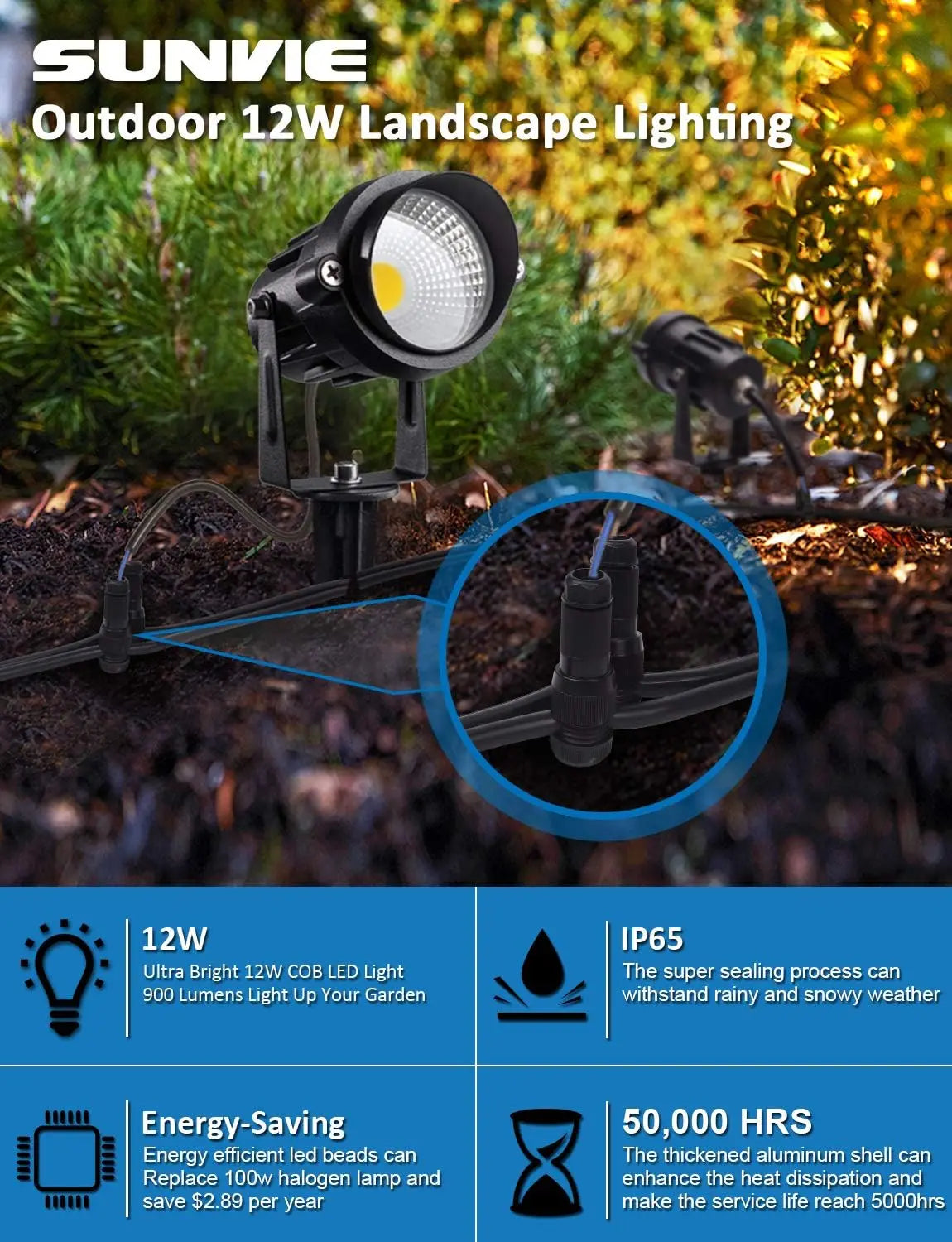 12W Low Voltage LED Landscape Lights with Connectors, Outdoor 12V Warm White Waterproof Garden Pathway Spotlights (10 Pack)