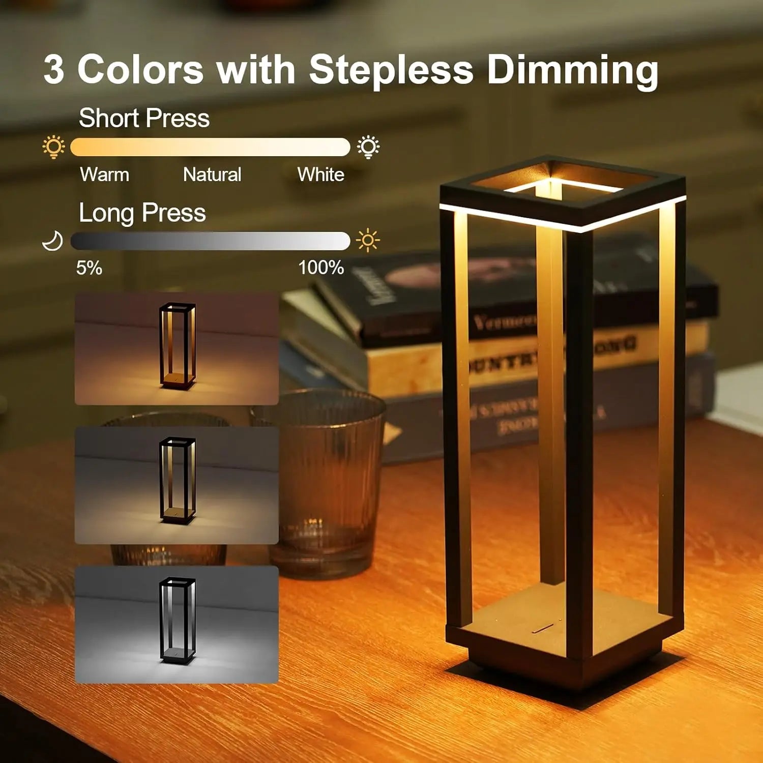Rechargeable Cordless Table Lamp, IP55 Waterproof, 60h Runtime, 3 Color Stepless Dimming for Indoor/Outdoor Use