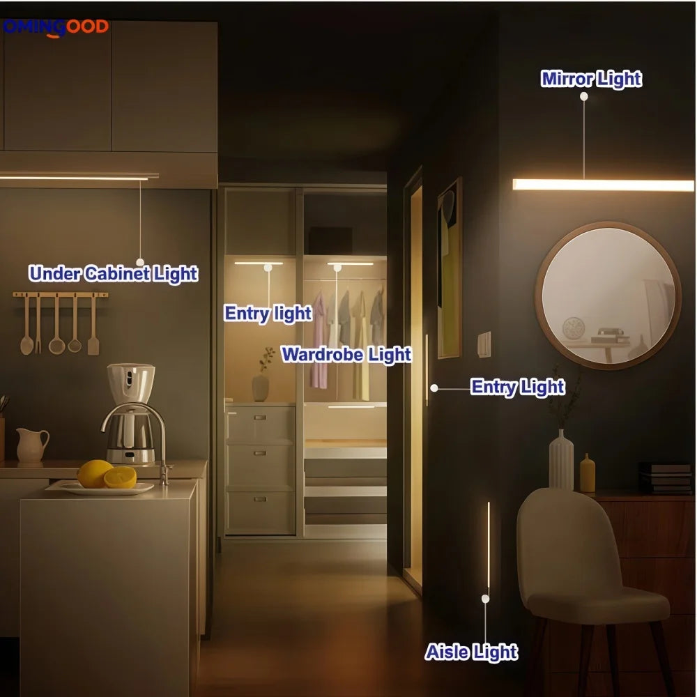 Motion Sensor Wireless LED Night Light USB Rechargeable Long Strip Bar Lamp for Kitchen Cabinet Wardrobe Bedside Staircase Tube