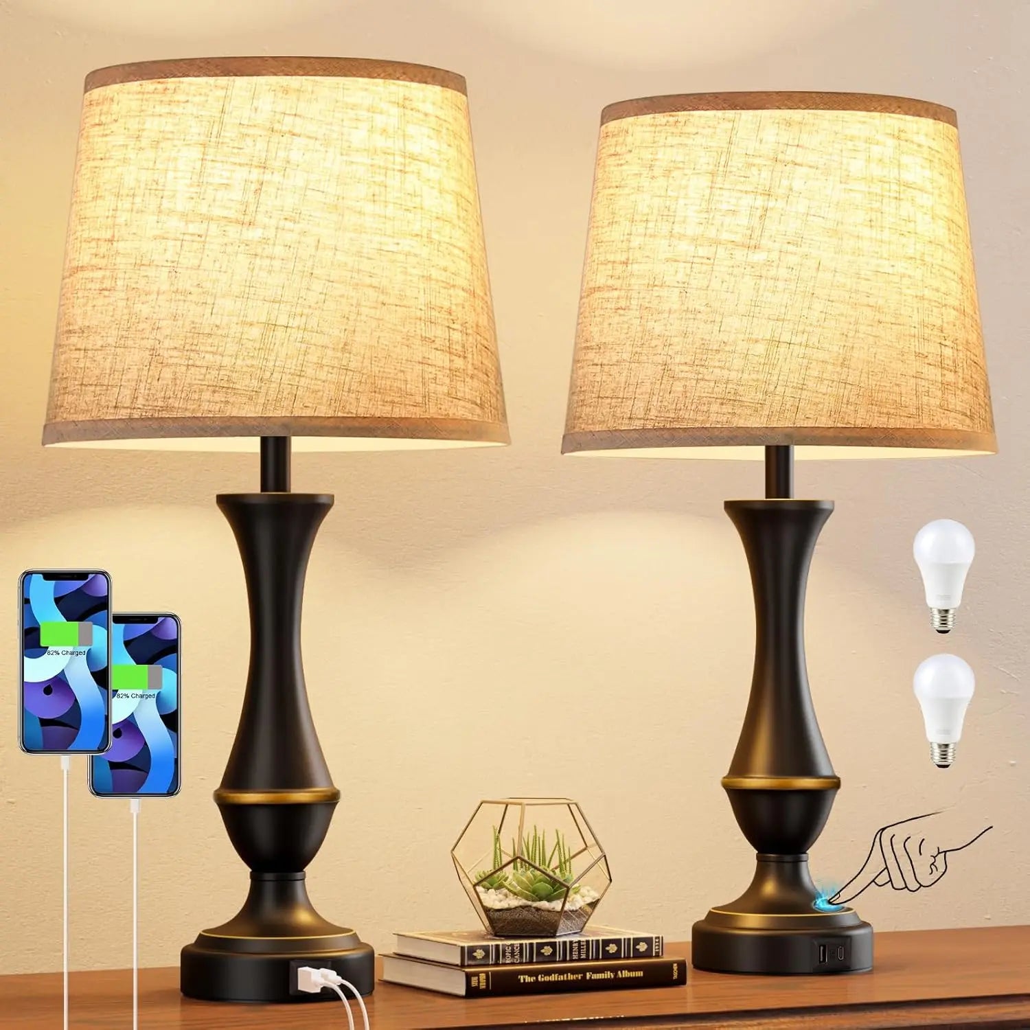 Touch Control Dimmable Bedside Lamps Set of 2 with USB C+A Ports, LED Bulbs Included for Bedroom Living Room