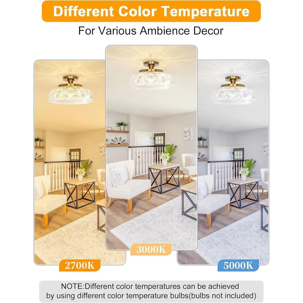 12 Inch Large Gold Ceiling Light Fixture, 3-Light Globe Glass for Kitchen, Bathroom, Hallway, Dining Room (Bulb Not Included)