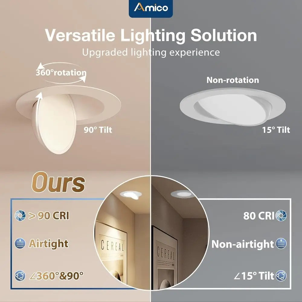 6 Pack 6 Inch 5CCT Gimbal LED Recessed Lighting, 360°&90° Adjustable Eyeball Directional Downlight, Dimmable, 2700K/3000K/3500K/